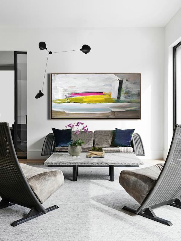 Hand Made Abstract Art,Horizontal Palette Knife Contemporary Art Panoramic Canvas Painting,Contemporary Art Acrylic Painting,White,Brown,Yellow,Pink.etc